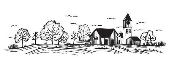 granja. horizontal paisaje con campos y granja casa. Clásico dibujo en bosquejo estilo. negro y blanco ilustración vector