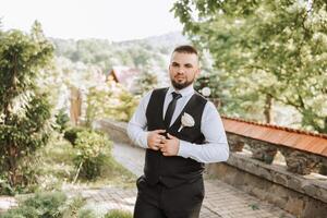 Portrait of the groom in nature in the summer. Stylish tall groom in an elegant black business suit. Businessman in nature. Portrait of a successful man. Wedding portrait of the groom. photo