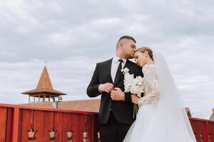 el novia y novio abarcar. el novia suavemente abrazos el novio por el espalda. hermosa Boda Pareja. el concepto de romance en un recién casados relación. Luna de miel. foto