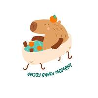 Cute capybara swimming, taking bath with tangerines. Vector funny animal, positive phrase Enjoy every moment. Capy character, sticker, poster, card. Childish hand drawn illustration isolated on white.