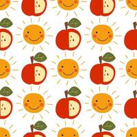 Cute red apples and smiling sun seamless pattern. Summer kids repeat background with fruits, textile design, wallpaper in childish style. Funny nursery print, hand drawn harvest illustration. vector