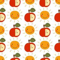 linda rojo manzanas y sonriente Dom sin costura modelo. verano niños repetir antecedentes con frutas, textil diseño, fondo de pantalla en infantil estilo. gracioso guardería imprimir, mano dibujado cosecha ilustración. vector