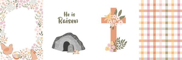 Holy week Easter Sunday card set. Cute floral frame with Easter eggs, hen, rabbit, cross, tomb, checkered background. Spring vector illustration in beige, pastel color.