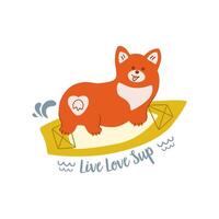 Sup board dog isolated element. Vector paddle board with cute corgi dog illustration. Live love sup text, motivational phrase for doing sport, summer activity design. Hand drawn pet greeting card.