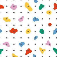 Climbing wall seamless pattern. Colorful holds for rock climbing on a grey wall in the gym. Vector bouldering sport repeat background, wrapping paper, package design, wallpaper, cute print.