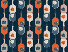 Pickleball game seamless pattern. paddle and balls on the dark blue background. Summer sport repeat print, tennis wallpaper, textile, fabric, wrap, gift paper, package design. Vector illustration.