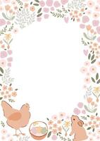 Floral Easter frame with hen, Easter eggs in basket, little rabbit bunny. Cute vector illustration in beige pastel colors, tiny meadow flowers. Spring card, poster, greeting, border element