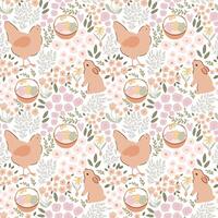 Gentle beige floral Easter bunny, hen, eggs in basket seamless pattern. Cute baby rabbit, tiny flowers, spring field. Pastel farm animal repeat background fabric cottage core wallpaper, textile design vector