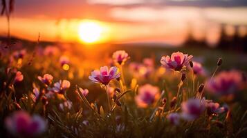 AI generated Flower field in the evening light, setting sun closeup.Generative AI photo