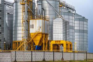 silos on agro-industrial complex with seed cleaning and drying line for grain storage photo