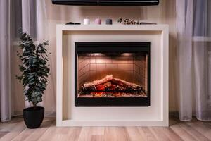 fireplace and flower in room in apartments photo