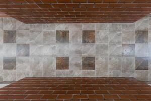 stone and ceramic floor tiles texture in corridor, view from above photo