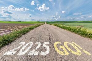 numbers 2025 go and start on asphalt road with cracks highway with sunrise or sunset sky background. concept of destination in future, freedom, work start, run, planning, challenge, target, new year photo