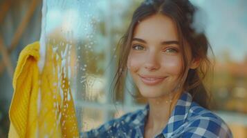 AI generated A young beautiful woman in a checkered blue shirt washes a window with a bright yellow rag photo