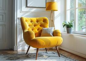 AI generated chair in living room with yellow cushion, white wall, lamp photo