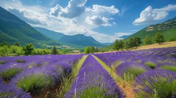 AI generated Beautiful landscape with blooming lavender fields in Provence. photo