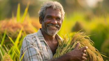 ai generado cosecha sonrisa en el arroz campos foto