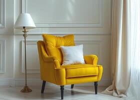 AI generated chair in living room with yellow cushion, white wall, lamp photo