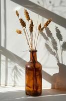 AI generated brown bottle holding wheat stalks against white wall photo
