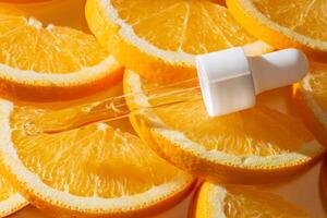 A close-up of a Vitamin C serum in a droplet, surrounded by fresh, vibrant orange slices. mockup photo