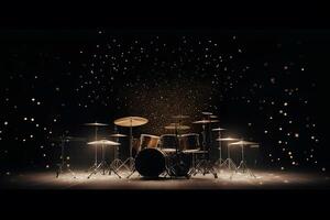 AI generated Drum set on dark stage background. Neural network AI generated photo