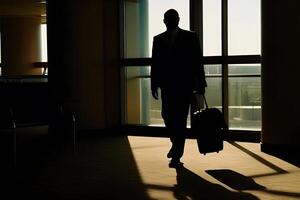 ai generado negocio hombre a internacional aeropuerto Moviente a terminal portón para avión viaje viaje. neural red ai generado foto