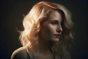 AI generated Portrait of a blonde girl on a dark background. Neural network AI generated photo