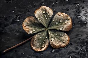 AI generated Four-leaf clover with drops. Neural network AI generated photo