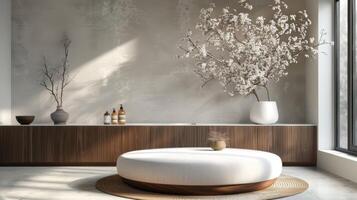 AI generated Bathroom interior design with round coffee table photo