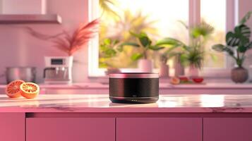 AI generated Smart speaker on a pink kitchen countertop photo