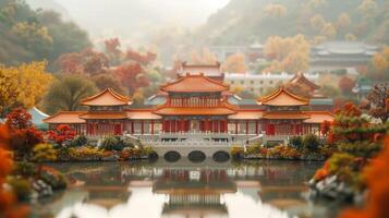 AI generated Chinese temple in the autumn season with reflection on the lake. Selective focus. photo