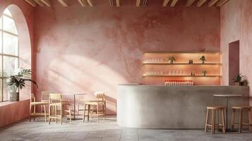AI generated Interior of luxury cafe with pink walls, concrete floor, round wooden tables and bar chairs. photo
