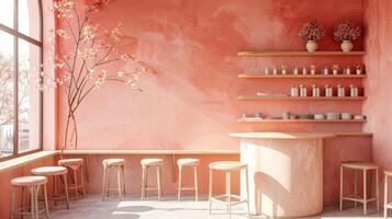 AI generated Interior of modern cafe with pink walls, concrete floor, round wooden tables and bar chairs. photo