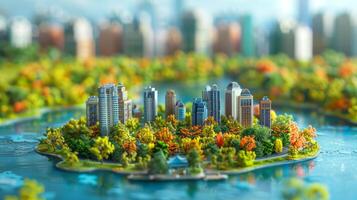 ai generado miniatura ciudad con rascacielos y arboles foto