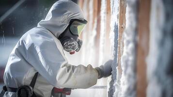 AI generated Man worker spraying polyurethane foam inside of future cottage. Neural network AI generated photo