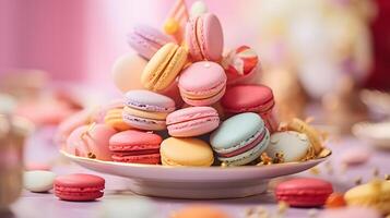 AI generated Plate with tasty macarons on table served for party. Neural network AI generated photo