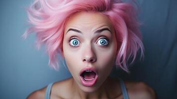 AI generated Girl with pink hair with an emotion of surprise on her face. Neural network AI generated photo