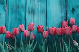 AI generated Frame of tulips on turquoise rustic wooden background. Spring flowers. Neural network AI generated photo