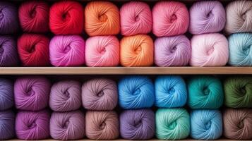 AI generated Many multi-colored balls of threads on a knitted fabric, close-up. Neural network AI generated photo