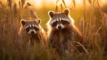 AI generated Two raccoons in a field at sunset. Neural network AI generated photo