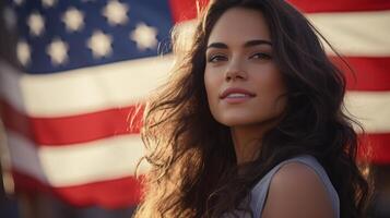 ai generado hermosa joven mujer debajo Estados Unidos bandera. mujer en pie y participación americano bandera. neural red ai generado foto