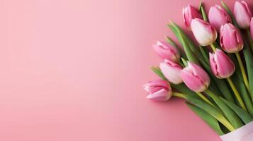 ai generado hermosa rosado tulipanes en rosado antecedentes. neural red ai generado foto