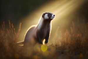 AI generated Closeup of the ferret in the nature. Ferret on the hunt. Neural network AI generated photo