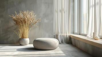 AI generated Interior of modern living room with gray walls, concrete floor, round coffee table and pampas grass in vase. photo
