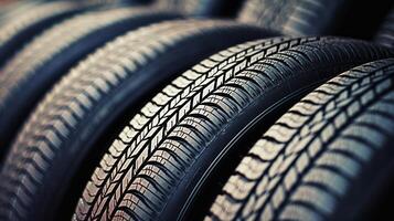 AI generated close-up new tires in the auto repair service center. Neural network AI generated photo