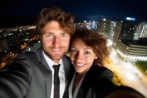 AI generated Happy couple in love taking a selfie against the backdrop of the night city. Neural network AI generated photo
