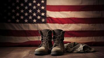 AI generated Old combat boots and dog tags with American flag. Neural network AI generated photo