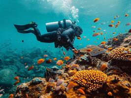 ai generado submarino escafandra autónoma buzo explora vibrante coral arrecife en medio de tropical marina vida foto