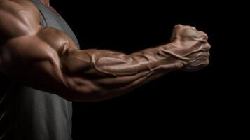 AI generated tense arm clenched into fist, veins, bodybuilder muscles on a dark background. Neural network AI generated photo