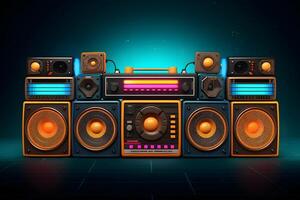 AI generated Neon music speakers on black background. Neural network AI generated photo